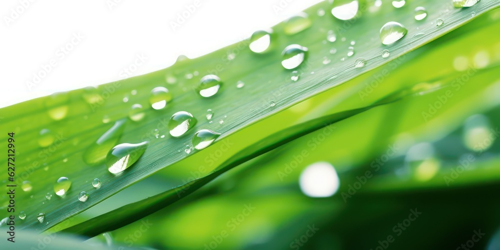 Beautiful transparent natural dew drops or rain on fresh grass leaf isolated on white background. Cl