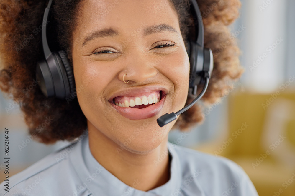 Call center, crm and portrait of happy woman at help desk office, sales and telemarketing in headset