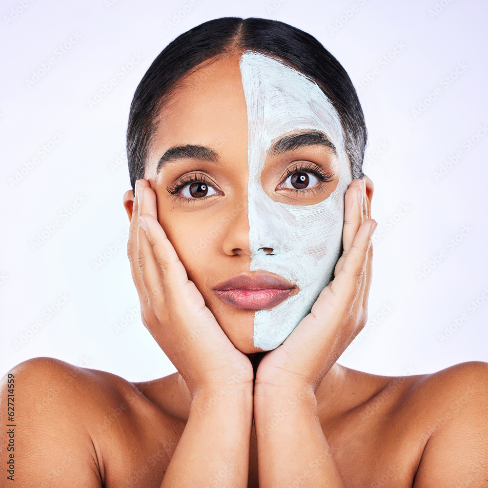 Face mask, portrait and woman in studio skincare, half and cosmetic treatment on grey background. Fa