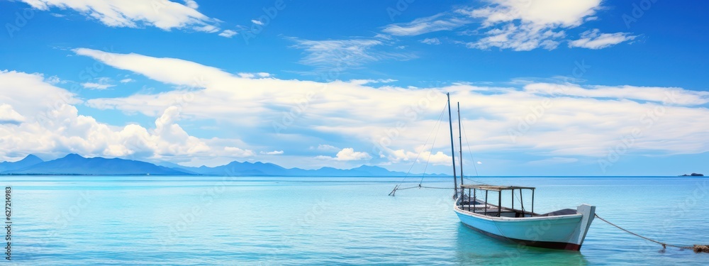 Boat in turquoise ocean water against blue sky with white clouds. Natural landscape for summer vacat