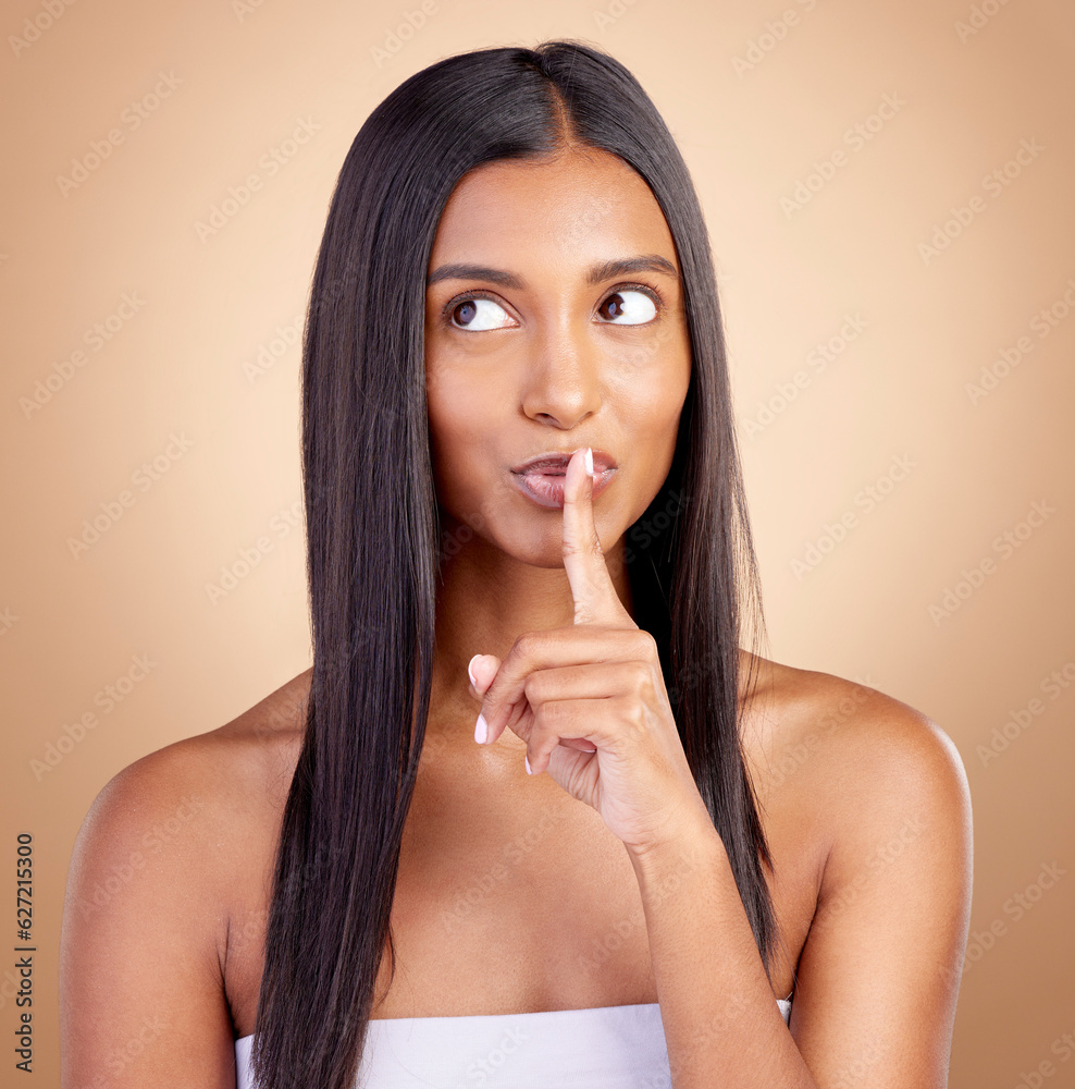 Beauty, secret and woman with finger on mouth for skincare, wellness and cosmetics on brown backgrou