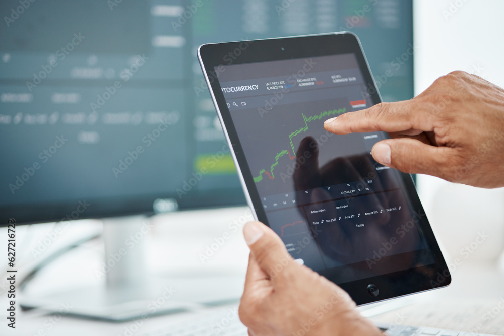 Tablet screen, stock market and hands of man in office for investment graph, cryptocurrency and fina