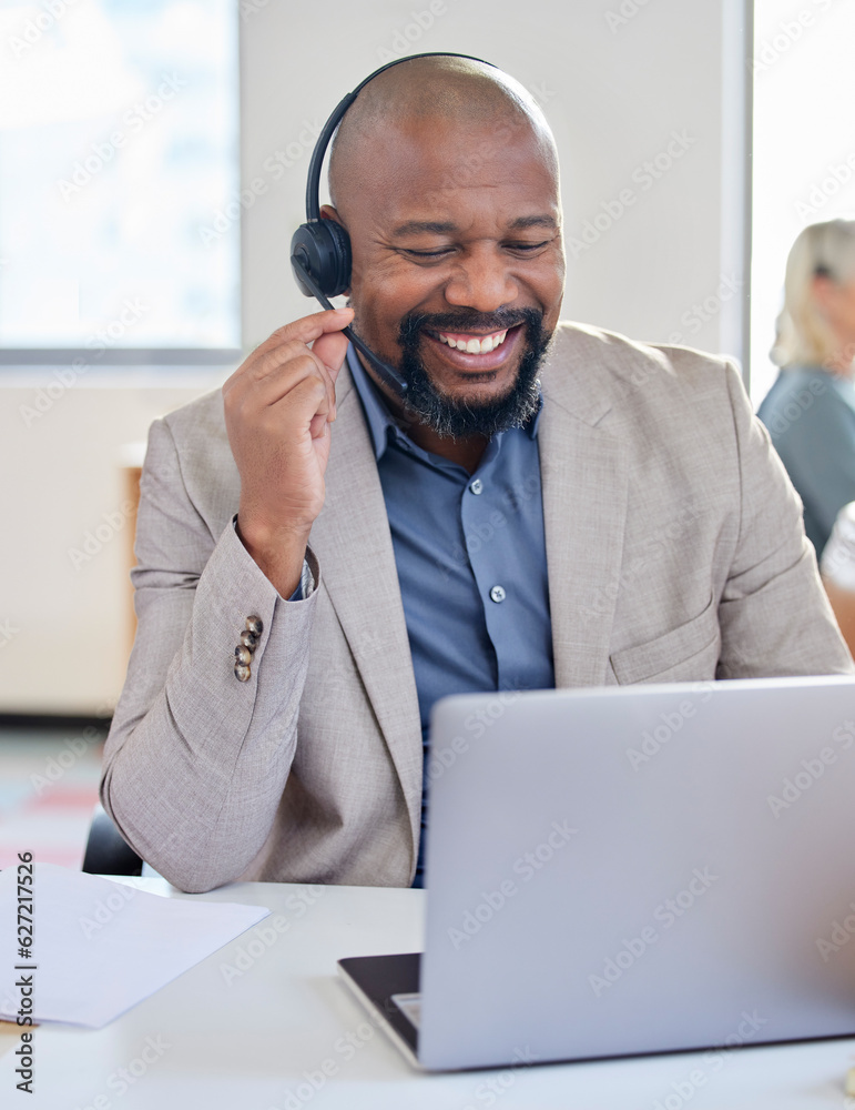 Black man, call center and smile at laptop for customer service, support and telemarketing. Happy af