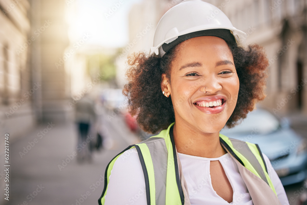 Happy woman, portrait and architect in city for construction, industrial ambition or outdoor career.