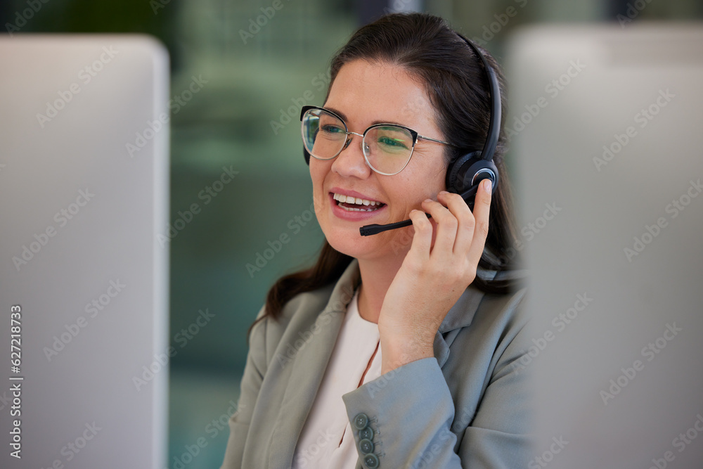 Computer, call center and woman with telemarketing, talking and crm with customer service, help and 