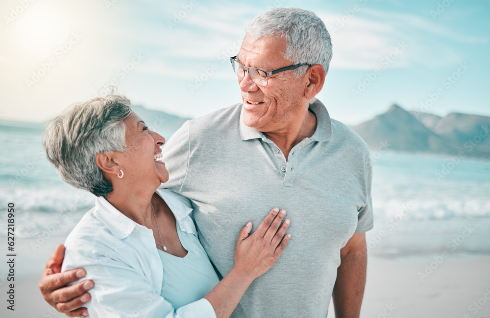 Happy, hug or old couple laughing on beach with love, care or support on summer vacation in nature. 