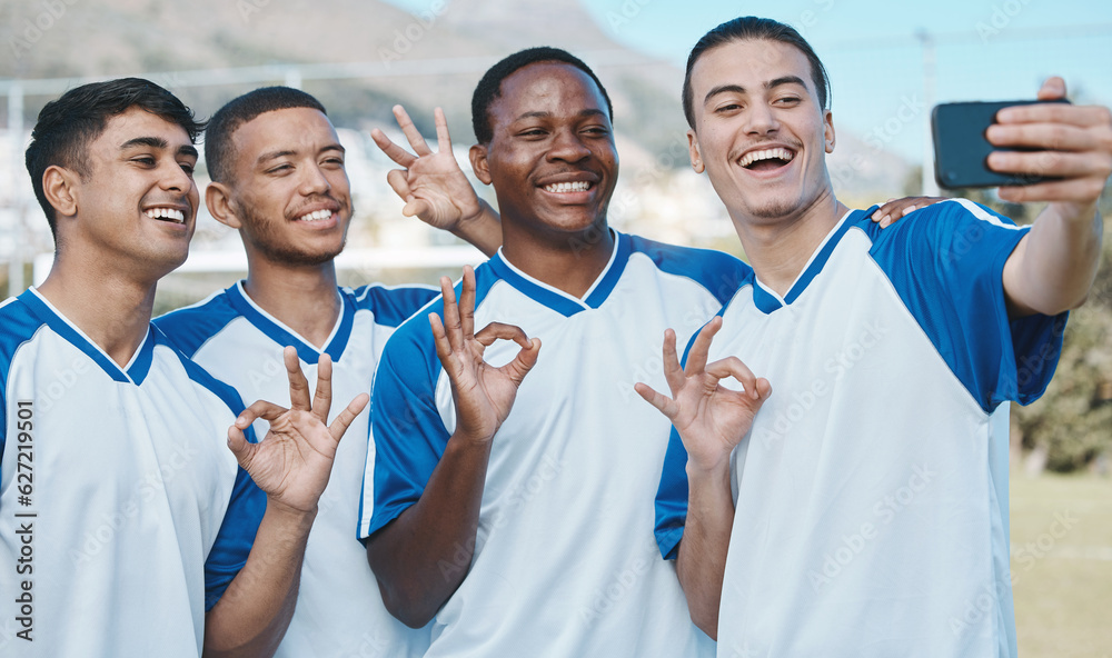 Men in selfie, OK hand sign and soccer competition, sports and athlete group on field, diversity and