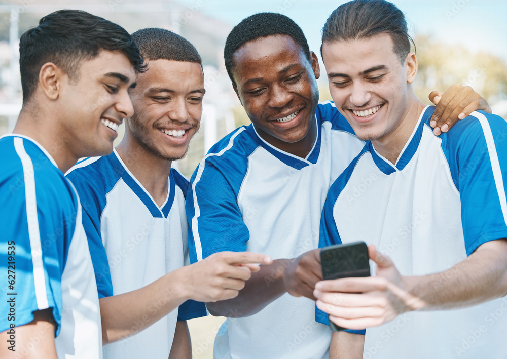 Happy man, friends and soccer team with phone for social media, communication or online browsing out