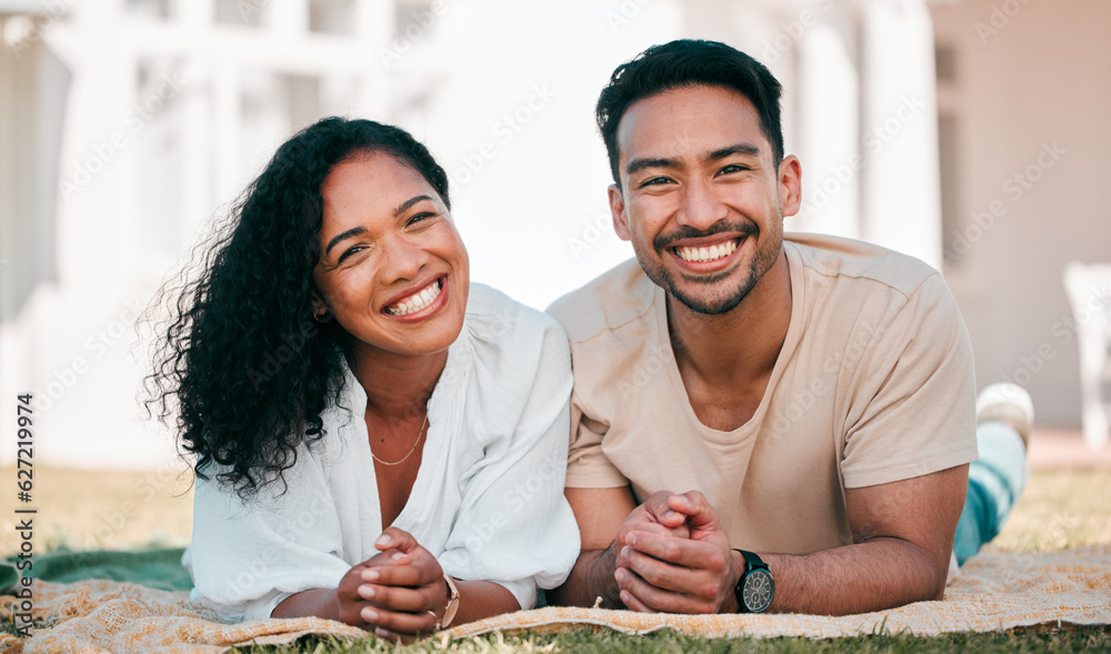 Portrait, smile and couple on picnic blanket outdoor, bonding and relax together in backyard garden 