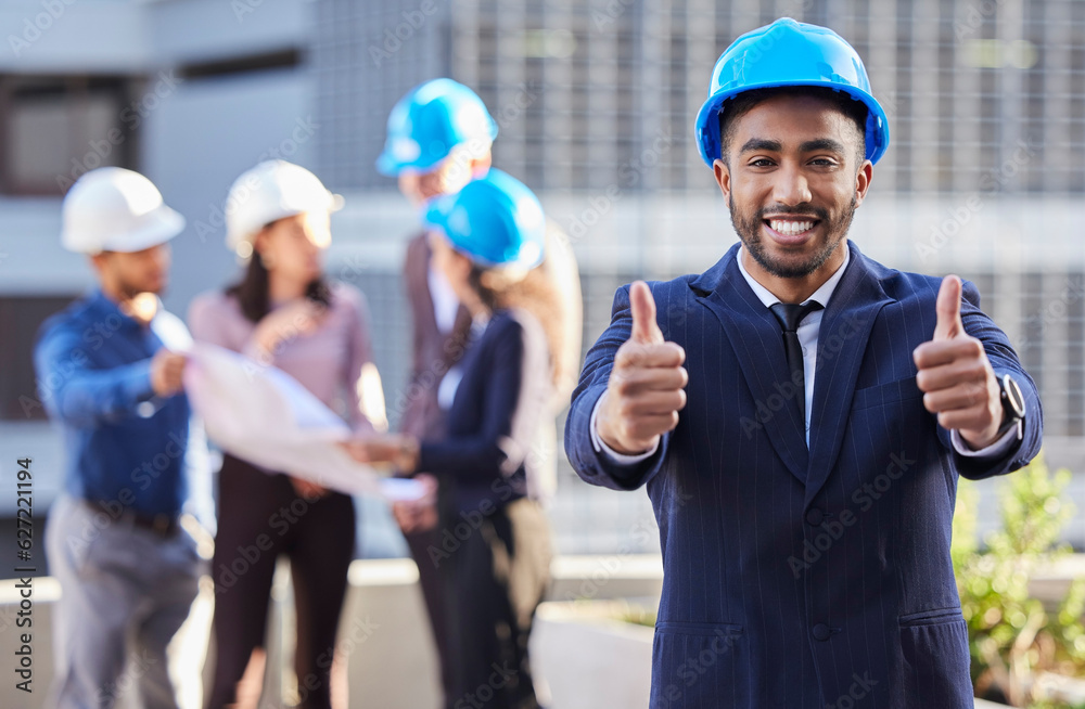 Businessman, portrait and architect with thumbs up in construction for winning, success or teamwork 