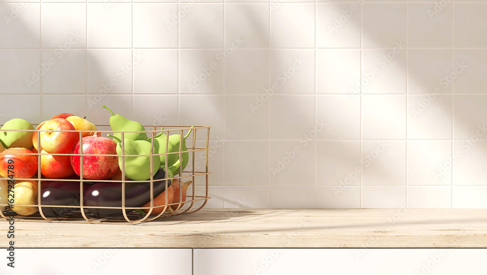 Wood countertop kitchen white cabinet counter, fruit, vegetable in gold steel basket in sunlight, le