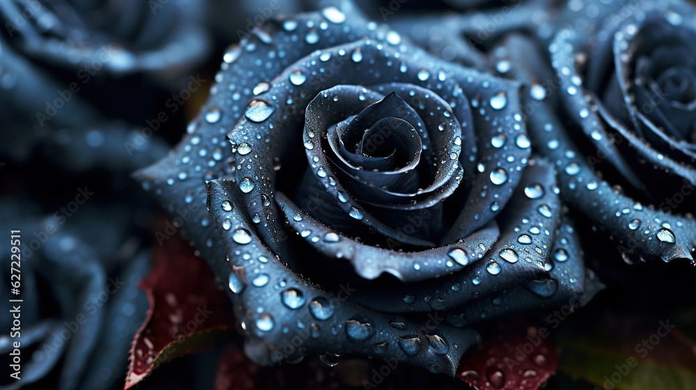 Black Roses flowers with water drops background. Closeup of blossom with glistening droplets. Genera