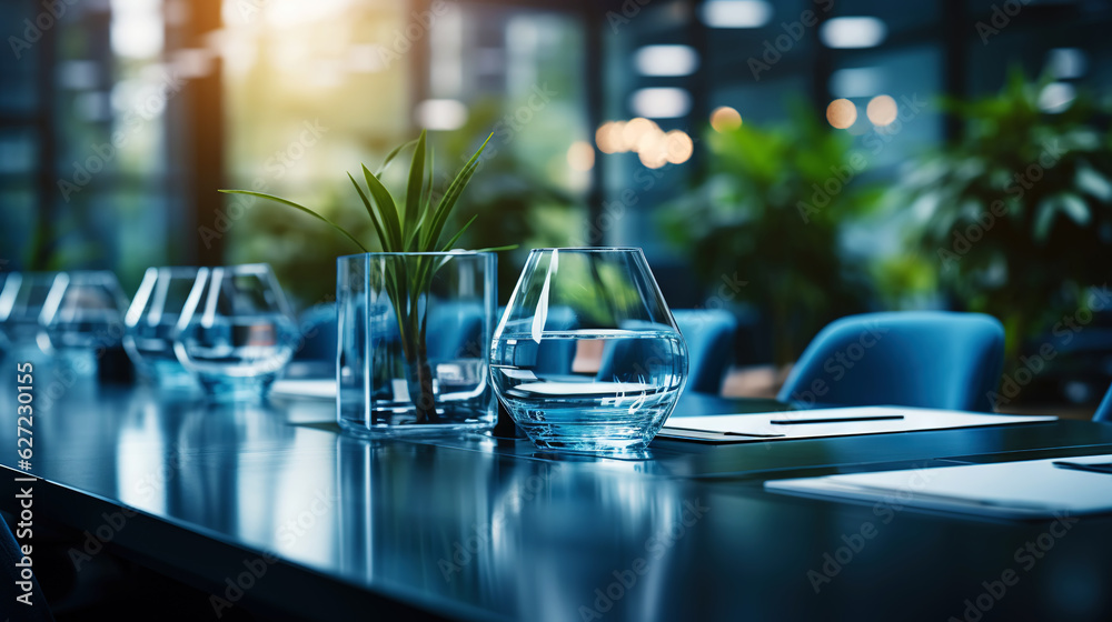 Modern minimalist corporate conference room with glass table in blue shades. Generative AI