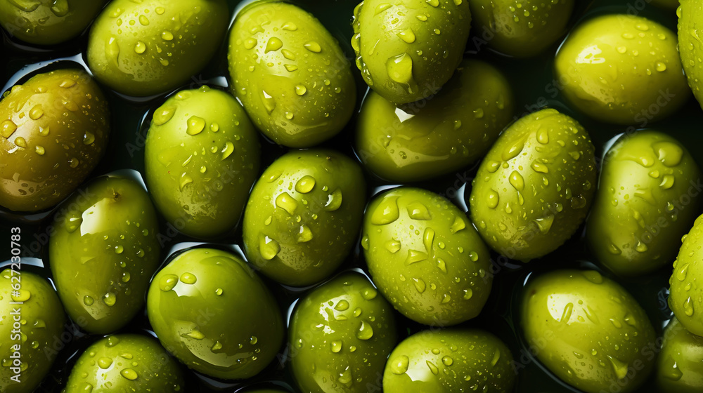 Fresh green olives with water drops background. Vegetables backdrop. Generative AI