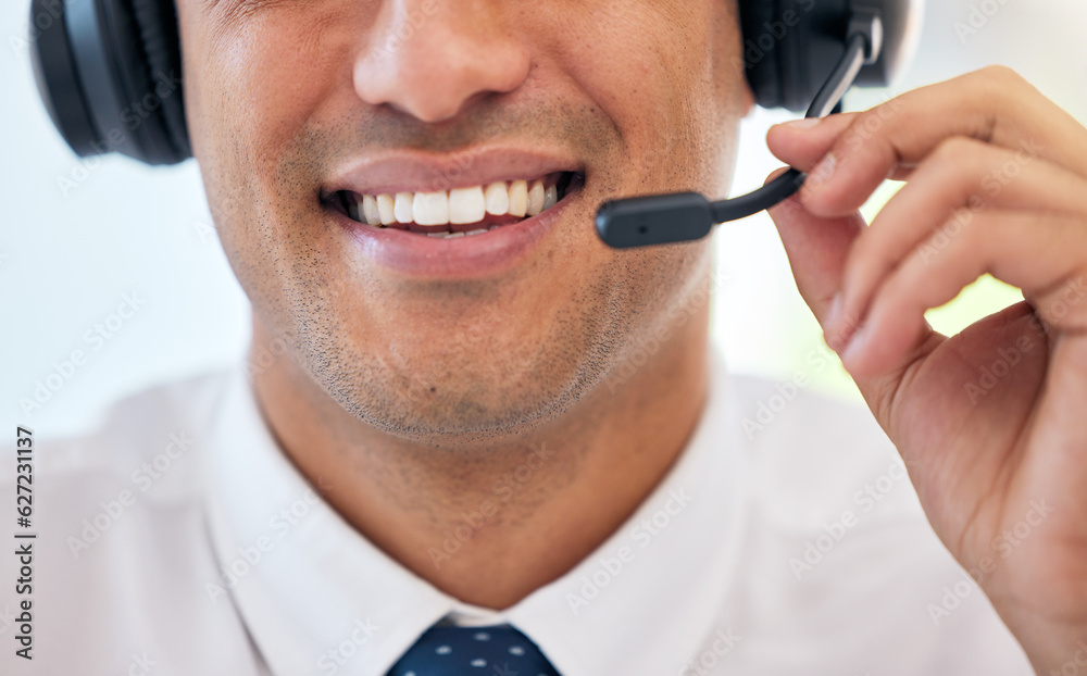 Happy man, smile and headphones with mic in call center for customer service, support or telemarketi