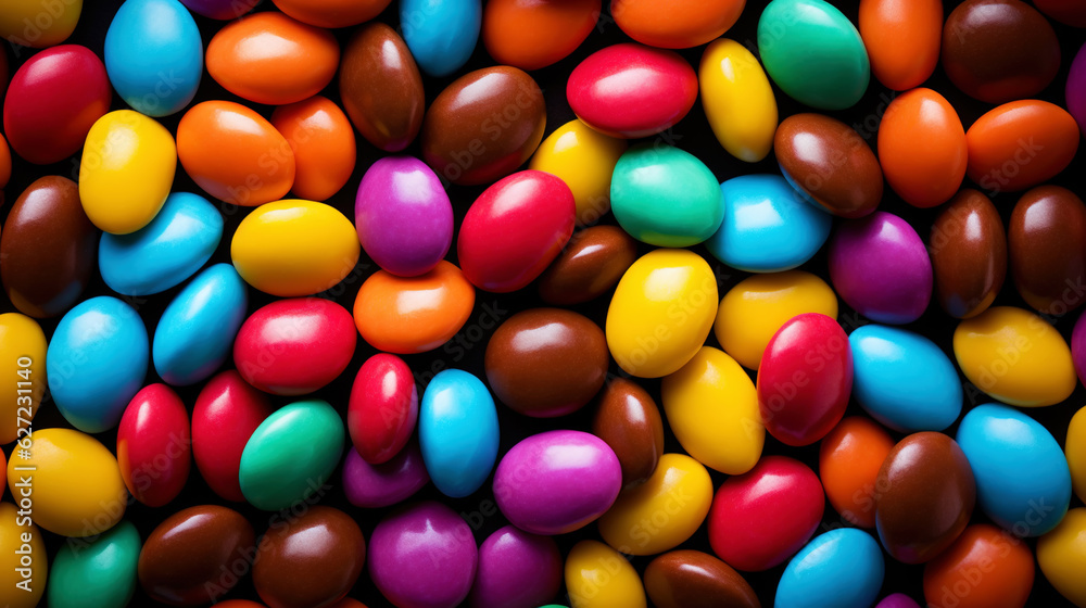 Close up of a pile of colorful chocolate coated candies. Candy background. Generative AI