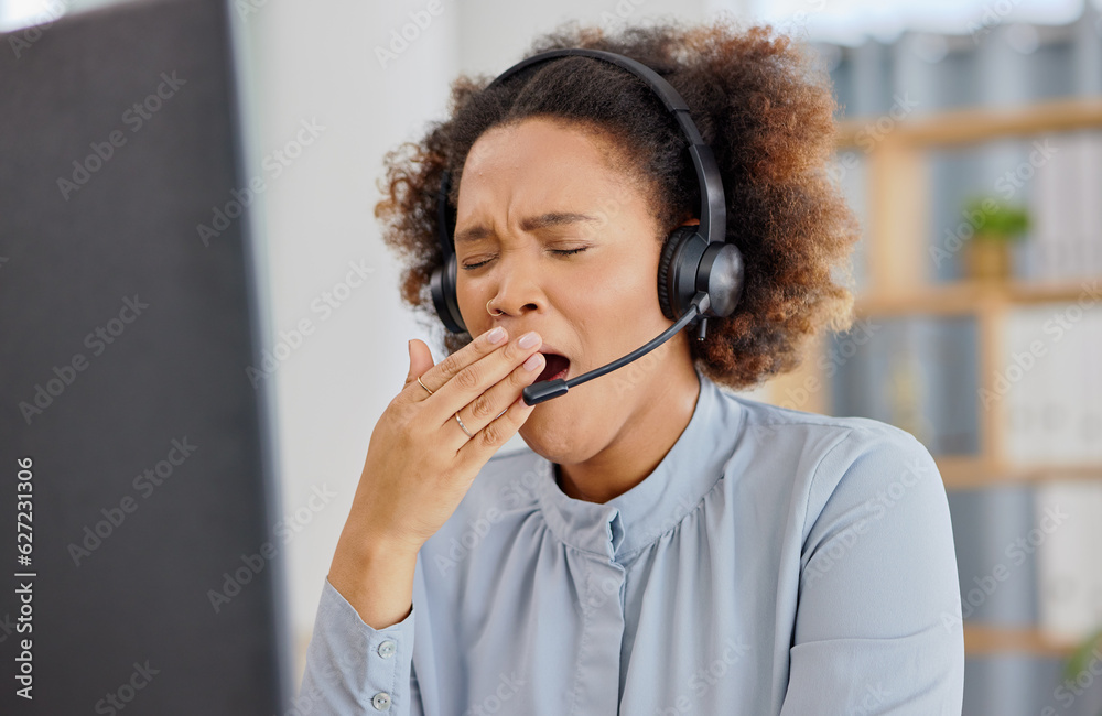 Customer support, call center and woman yawn, tired in office with exhausted, stress and fatigue. Te