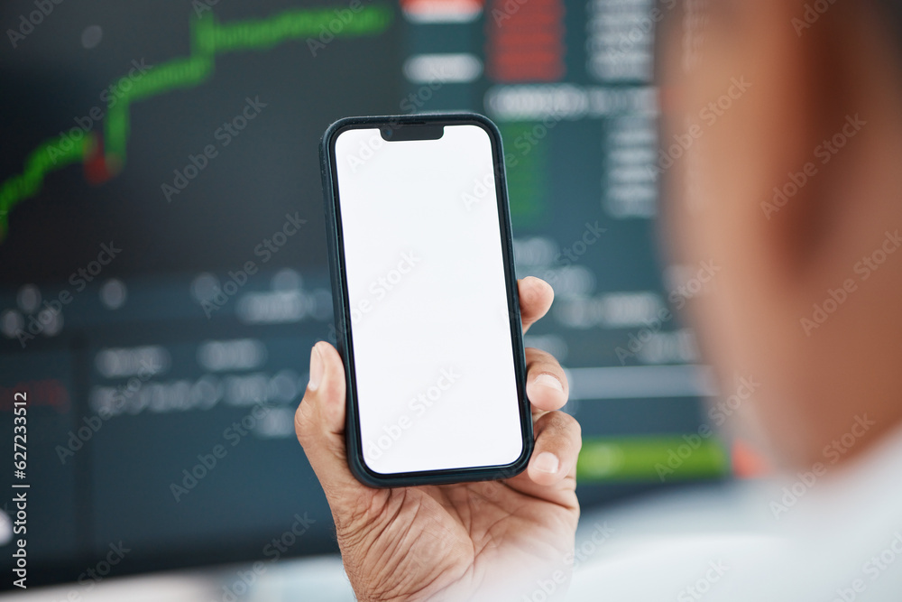 Mockup phone screen, person hands or stock market results, graphic or financial economy feedback, tr