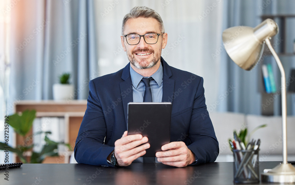 Professional man, glasses and tablet in portrait at a desk for success at office with financial mana