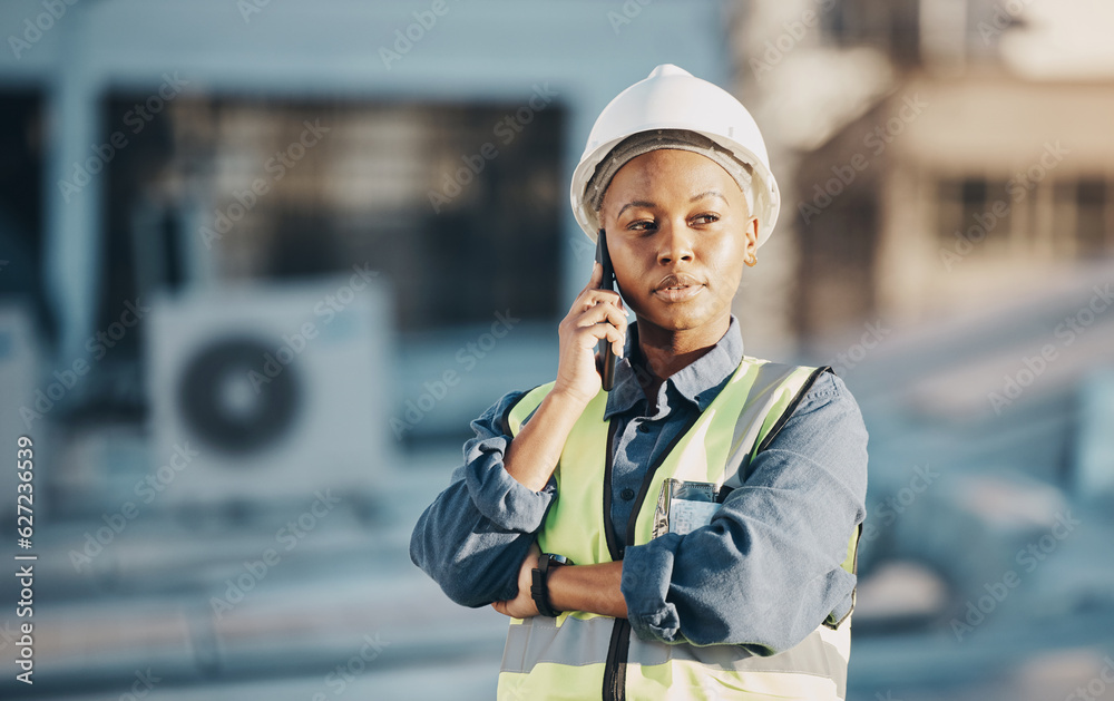 Phone call, solar panel and black woman conversation, thinking or talk about photovoltaic plate, sus