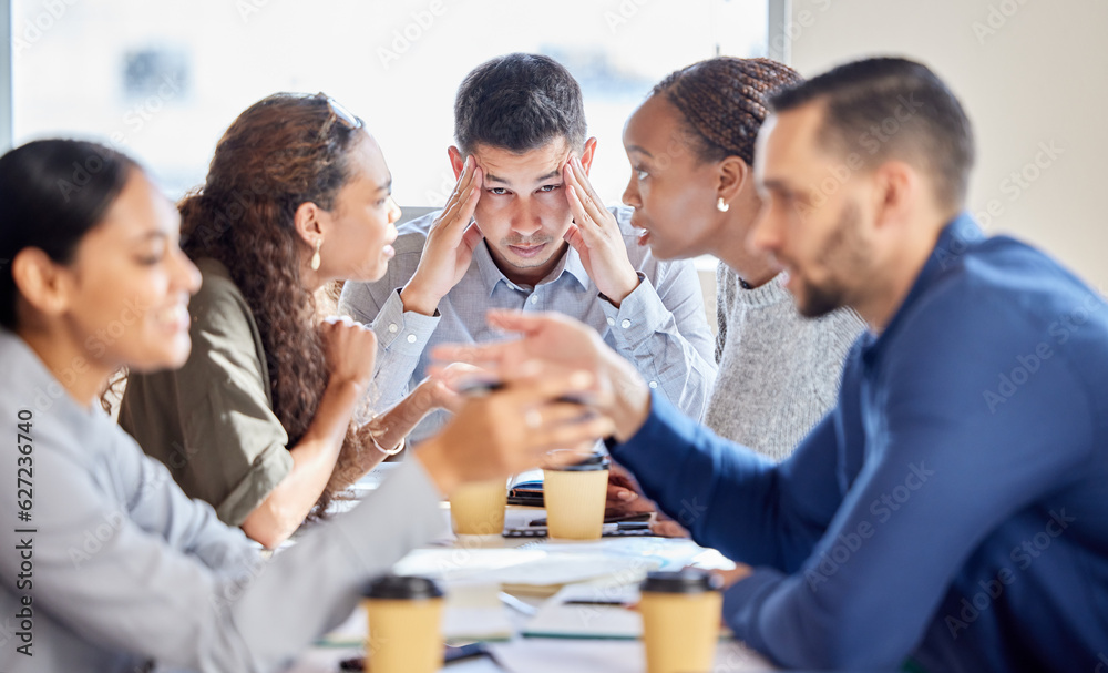 Group, headache and business man with stress, meeting and conversation for brainstorming, overworked