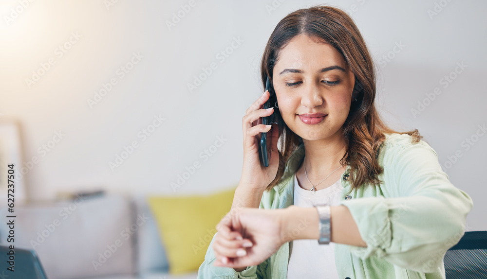 Woman, time and appointment with cellphone in home for communication or waiting in mockup. Girl, che