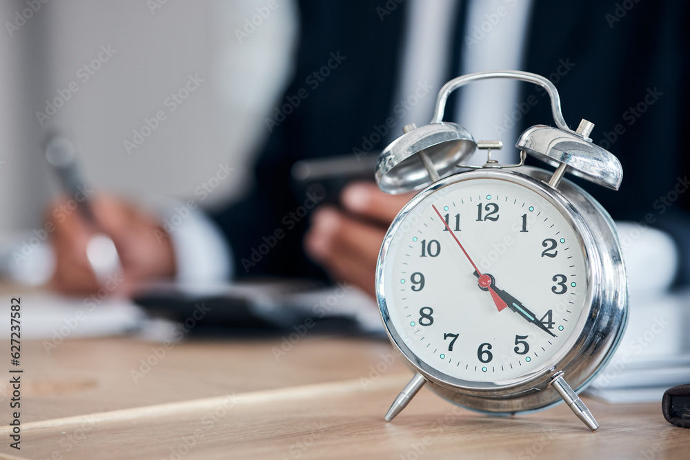 Business man, clock and time management in an office for deadline, punctual and busy schedule. Profe