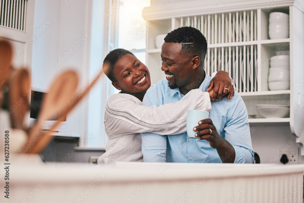 Coffee, hug or happy black couple in kitchen talking or laughing to relax with love or care at home.