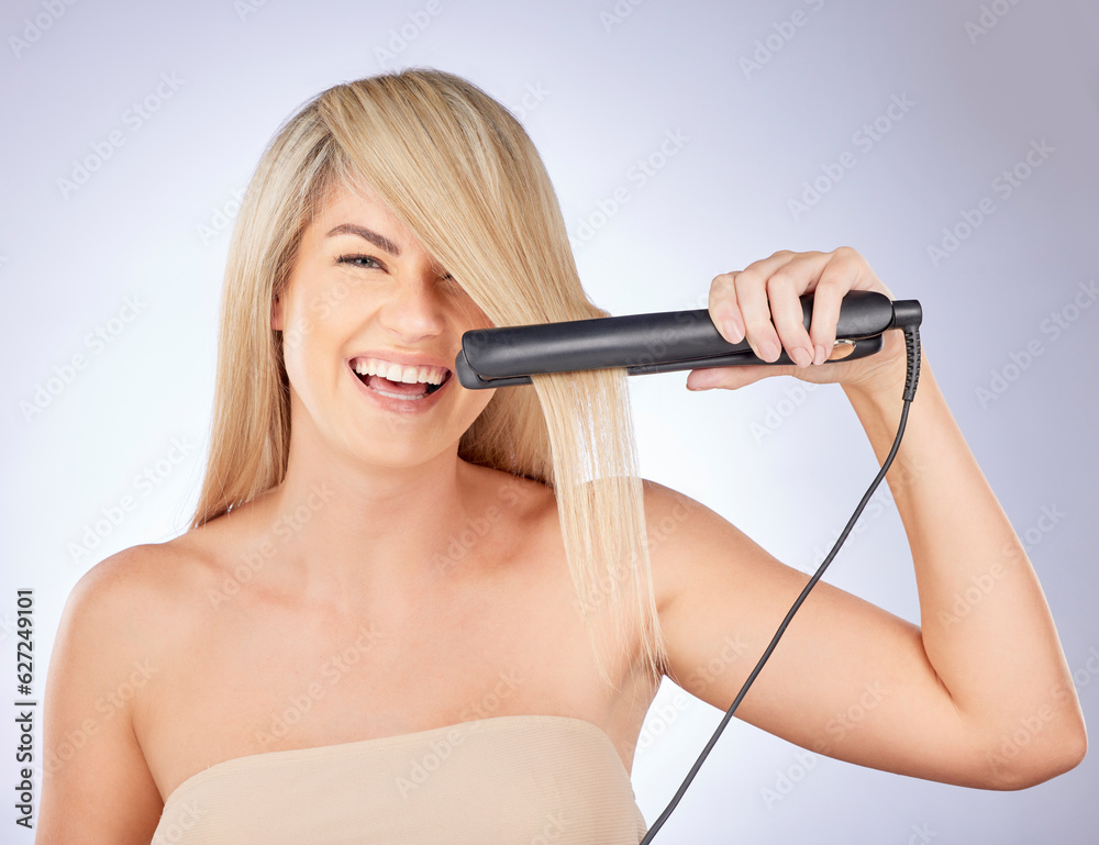 Portrait, happy hair care and woman with straightener for a professional salon treatment. Smile, hea