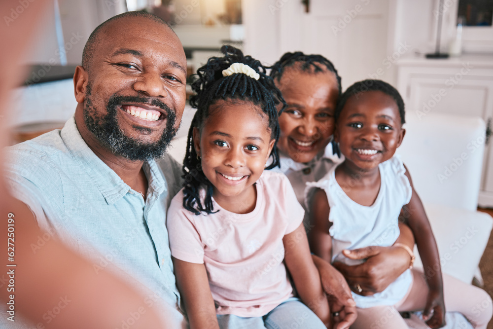 Selfie, father and portrait with black family on sofa in living room with love in home Memory, happy