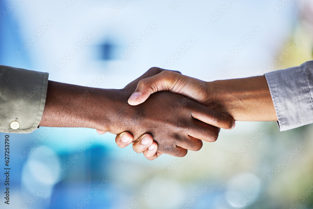 Closeup of people shaking hands in success of deal, partnership and welcome to HR collaboration. Tea