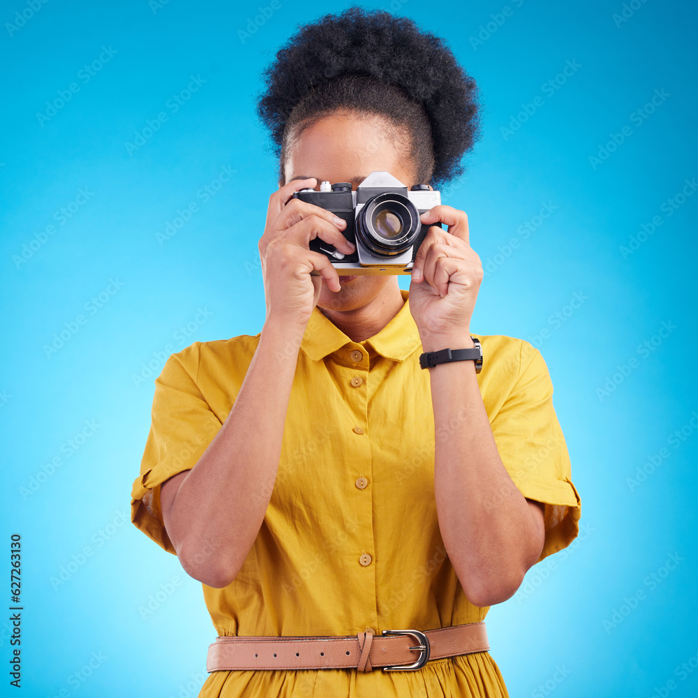 Photography, travel and black woman with camera isolated on blue background, creative artist job and