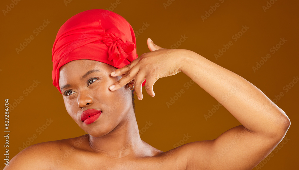 Woman, face touch and hair scarf with natural beauty, makeup and haircare in studio. Brown backgroun