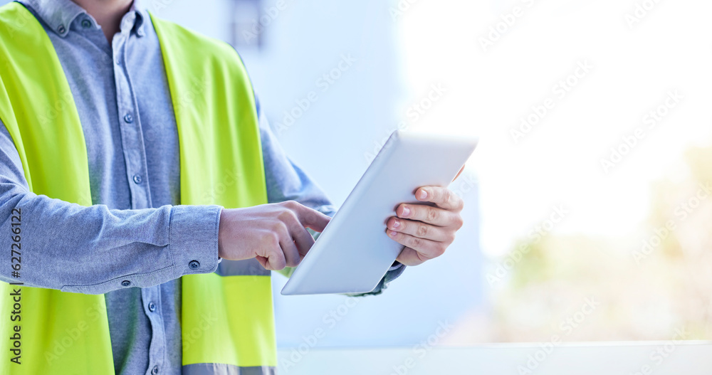 Tablet, architecture and hands of man in city for planning, project management and building. Inspect