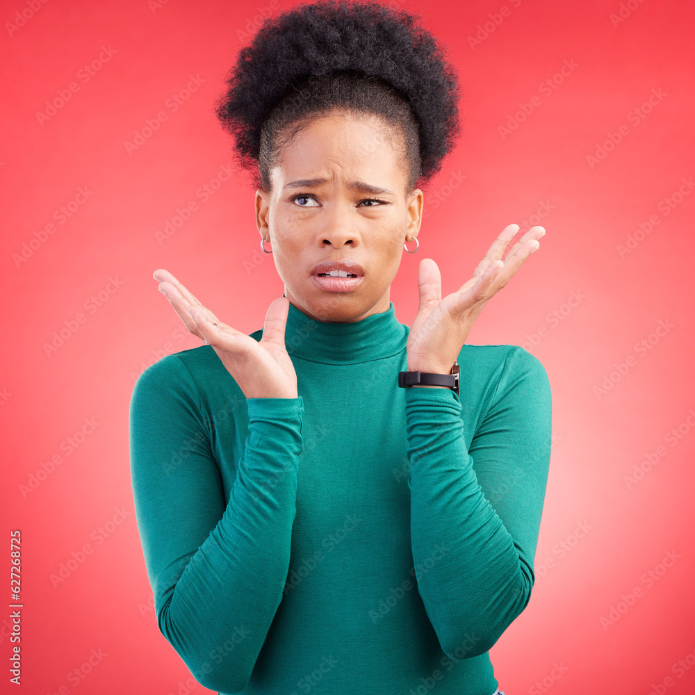 Confused, thinking and black woman in studio with questions, wtf and pensive gesture on red backgrou