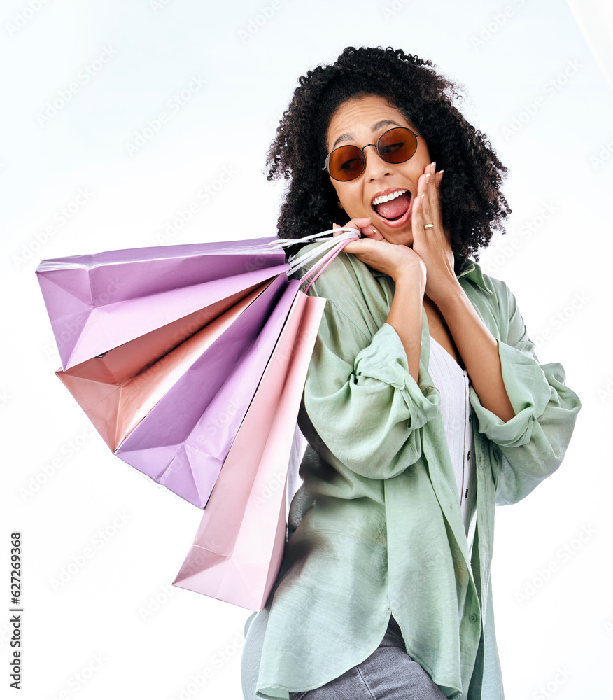 Wow, sale and woman with shopping bag in studio for discount, promo or retail news on white backgrou