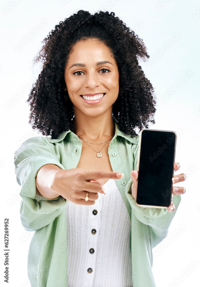 Screen, mockup or portrait of happy woman with phone on white background on social media or product 