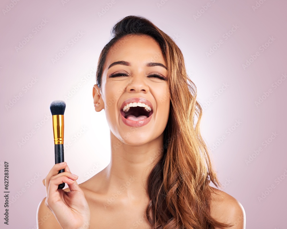 Beauty, laugh and portrait of woman with makeup brush on pink background for salon, wellness and lux