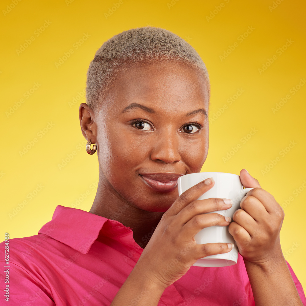 Smile, portrait and black woman relax with coffee in studio, calm and peaceful on yellow background.