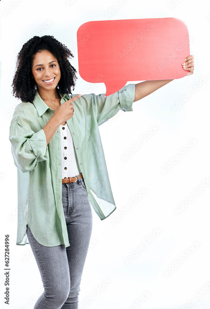 Woman portrait, smile and hand pointing to speech bubble in studio for social media, contact or info