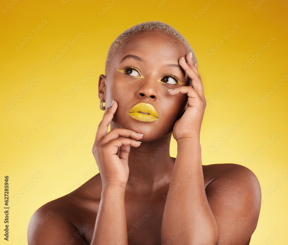 Thinking, makeup and a black woman on a studio background for art or fashion. Ideas, gold and an Afr