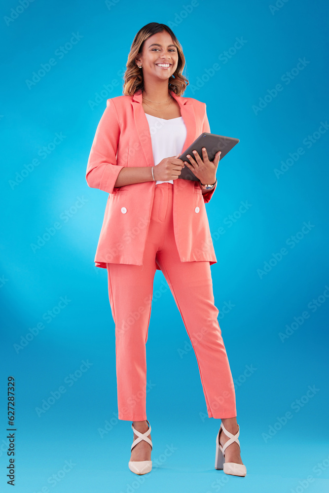 Smile, portrait and a woman with a tablet on a blue background for communication, email or the web. 