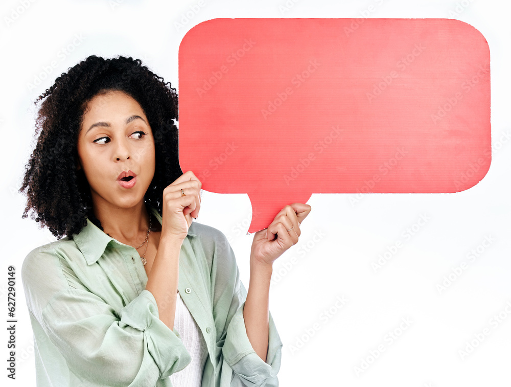 Space, wow and woman with speech bubble in studio for news, promo or how to steps on white backgroun