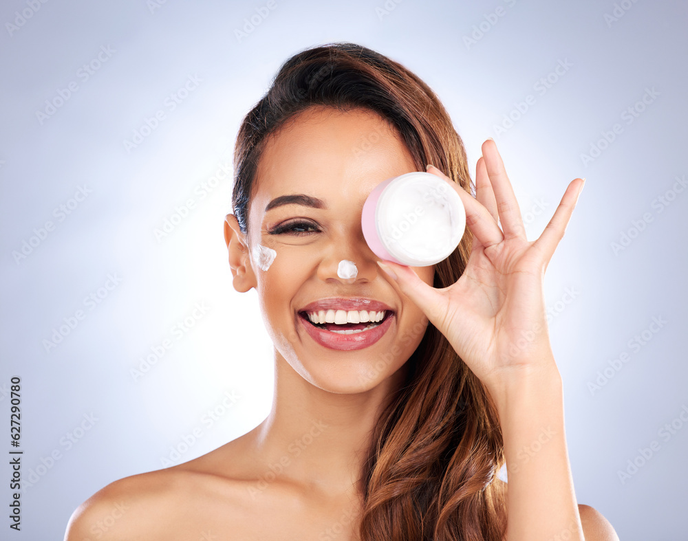 Portrait, cream jar and beauty of woman in studio with cosmetics product on grey background. Happy f