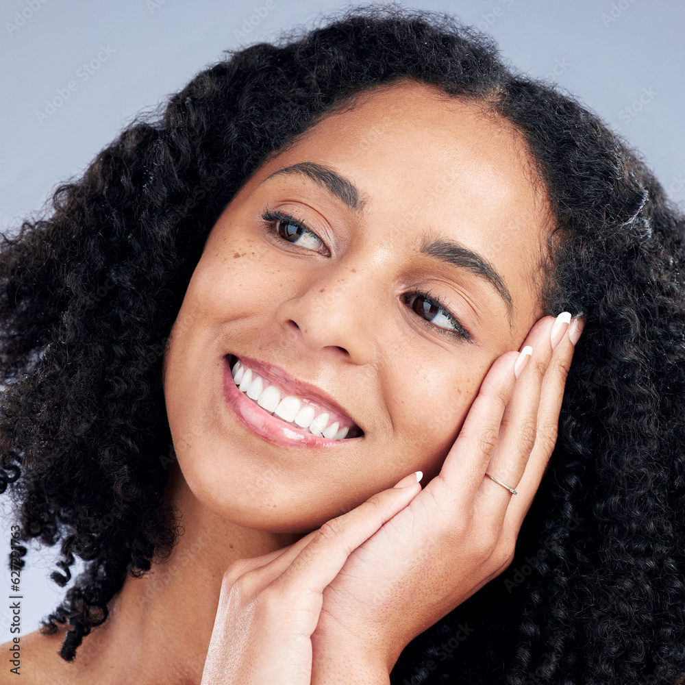 Face smile, skincare and woman touch for beauty in studio isolated on a white background. Natural, c