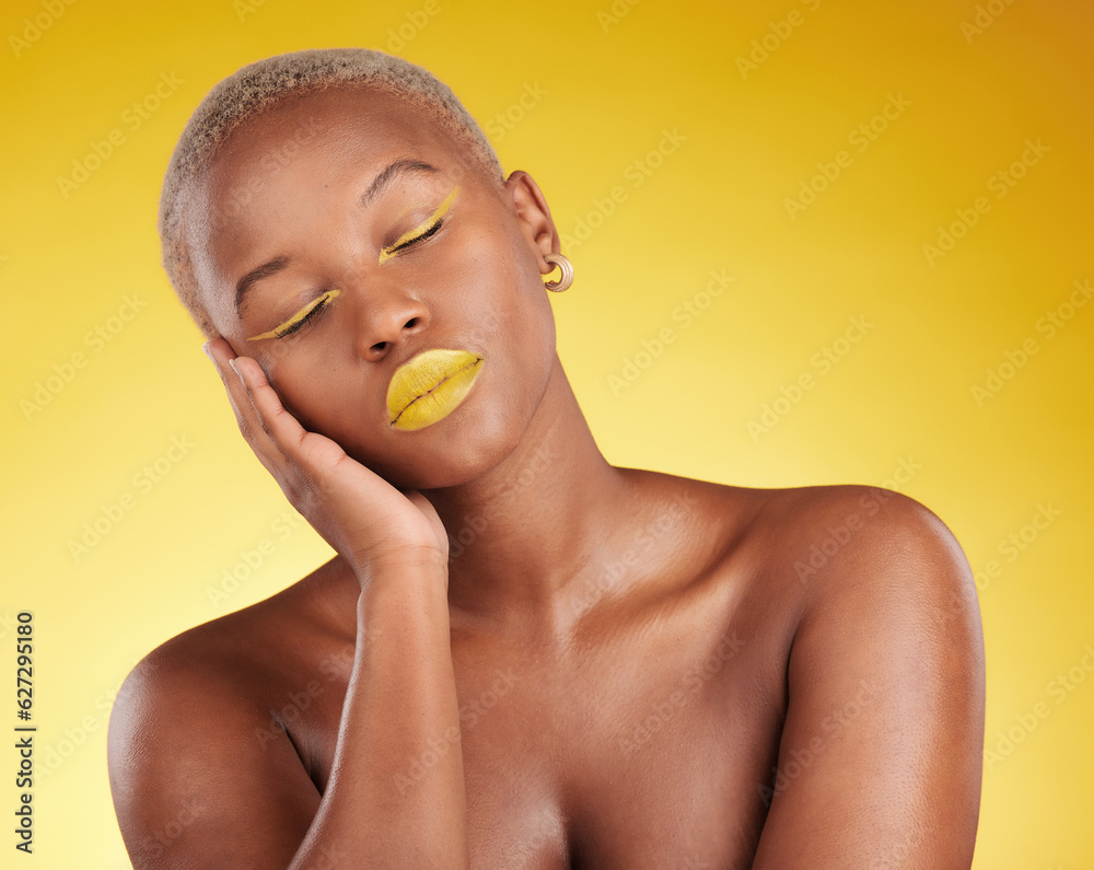 Creative, makeup and face with lipstick or black woman in studio on a yellow background for art, bea