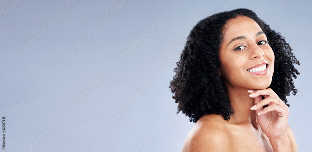 Skin, beauty and portrait of a woman in studio for dermatology, cosmetics and natural makeup. Face o