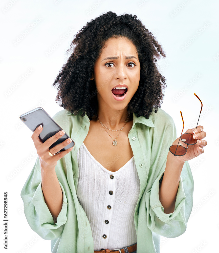 Phone, wow or portrait of shocked woman with surprise gossip or fake news on white background in stu