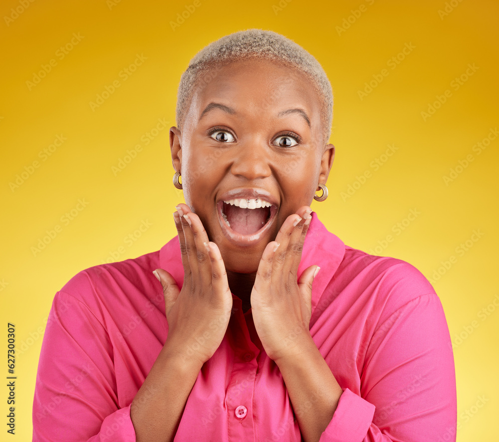 Wow, happy and portrait of black woman in studio with sale, deal or sign up promotion on yellow back