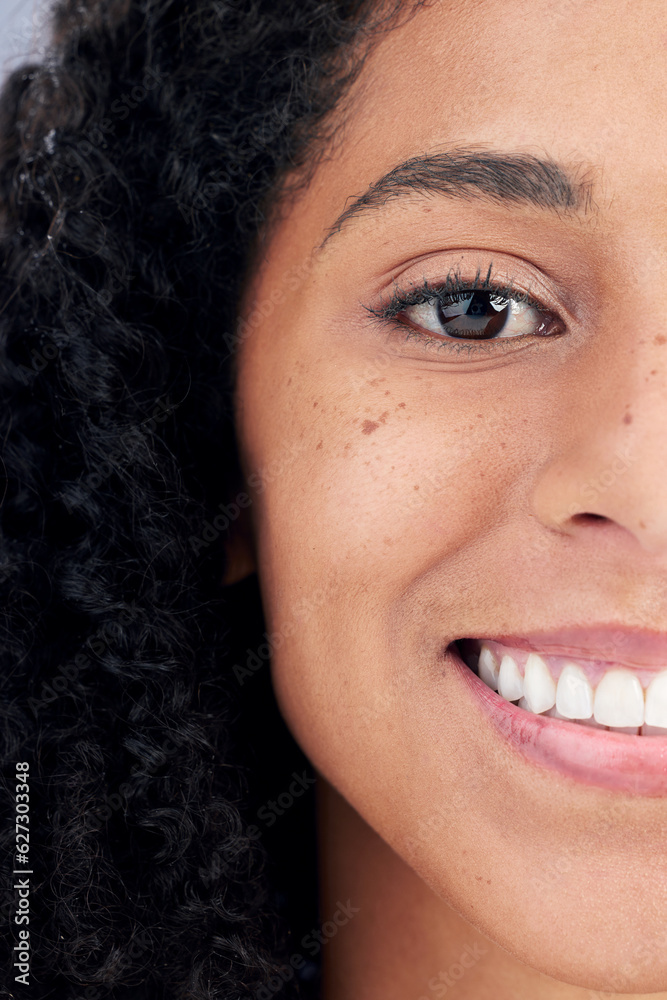 Woman, face crop and smile, natural beauty and portrait with wellness and skincare closeup. Happines